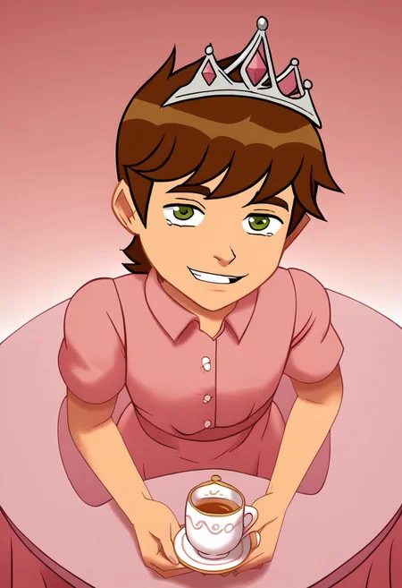 deadinsidestyle, (chb), from slight above angle, sitting at table, tea cup, tea pot, pink theme, pink dress, tiara, ((Solo)), Looking at viewer, Smiling,