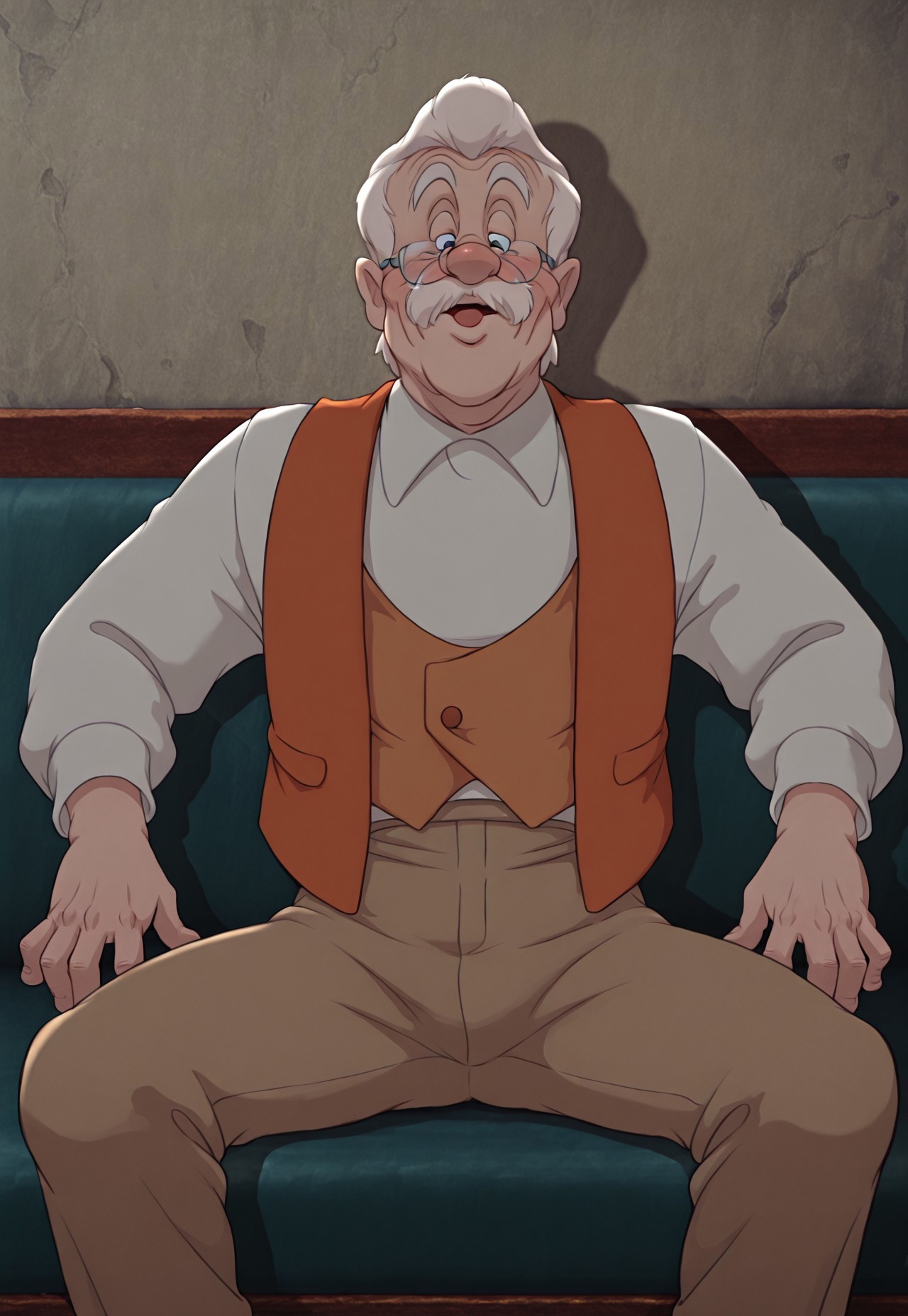 solo, masterpiece, modern, new, 1boy, male, masculine face, daddy looking face, w0lfc0nf

DisneyGeppetto, white hair, old man, mustache, glasses. vest, white shirt, pants, manspreading, sitting down