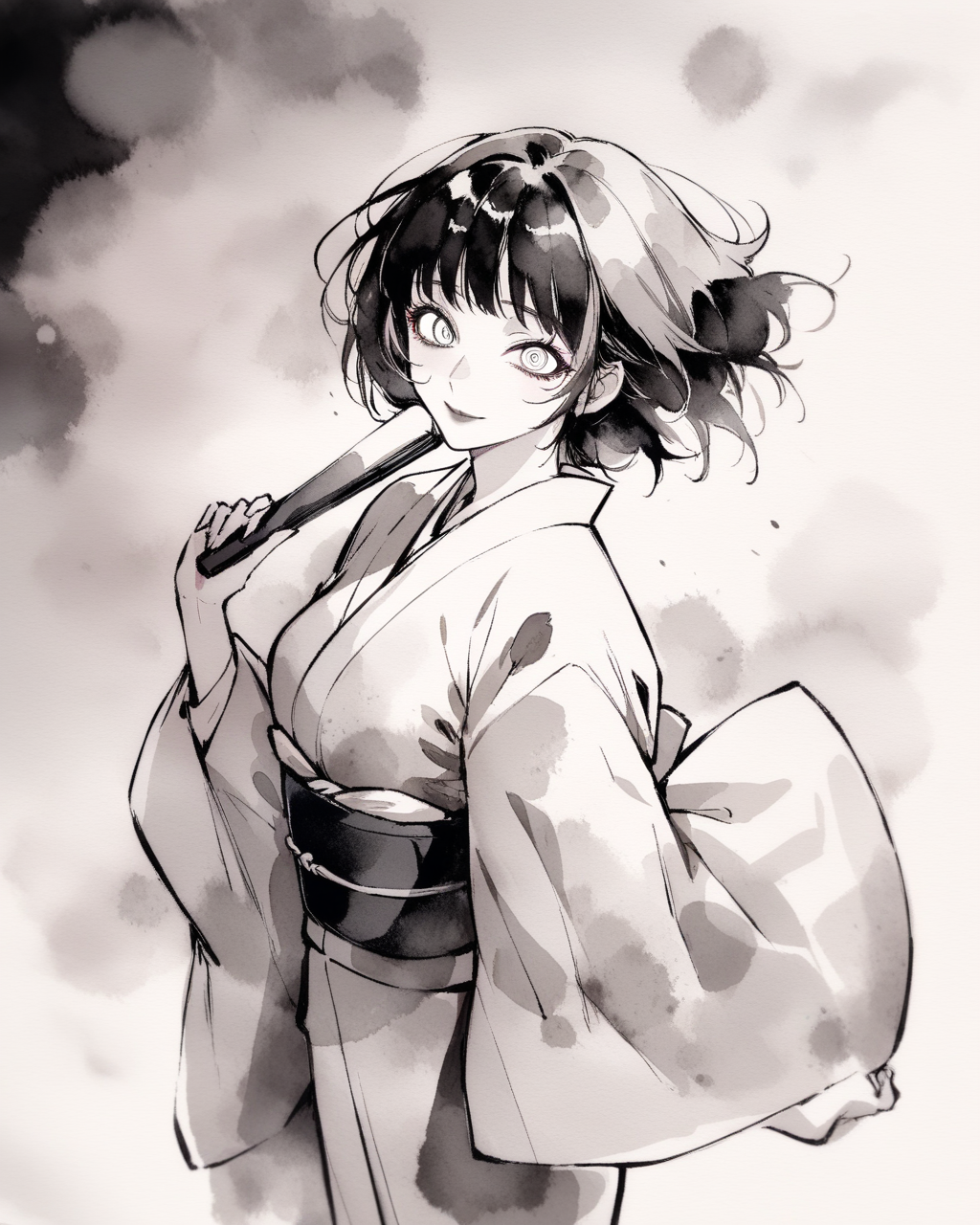 masterpiece, best quality, absurdres, 1girl, solo, momoshiro chiyoko, japanese clothes, (furisode:1.1), wind, holding fan, looking at viewer, light smile, lipstick, crazy eyes, light smile, monochrome, watercolor \(medium\), <lora:Act-Age-anxl31:0.6>, <lyco:inkXLANI31lokrV43P1:0.8>,