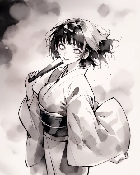 masterpiece, best quality, absurdres, 1girl, solo, momoshiro chiyoko, japanese clothes, (furisode:1.1), wind, holding fan, looking at viewer, light smile, lipstick, crazy eyes, light smile, monochrome, watercolor \(medium\), <lora:Act-Age-anxl31:0.6>, <lyco:inkXLANI31lokrV43P1:0.8>,