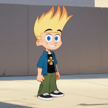 score_8_up, BREAK, JohnnyTest, solo, 1boy, blonde hair, spiked hair, blue eyes, black shirt, open blue clothes, pants, <lora:JohnnyTest_PXL_Leaf2:1>, smile, full body, outdoors, standing,