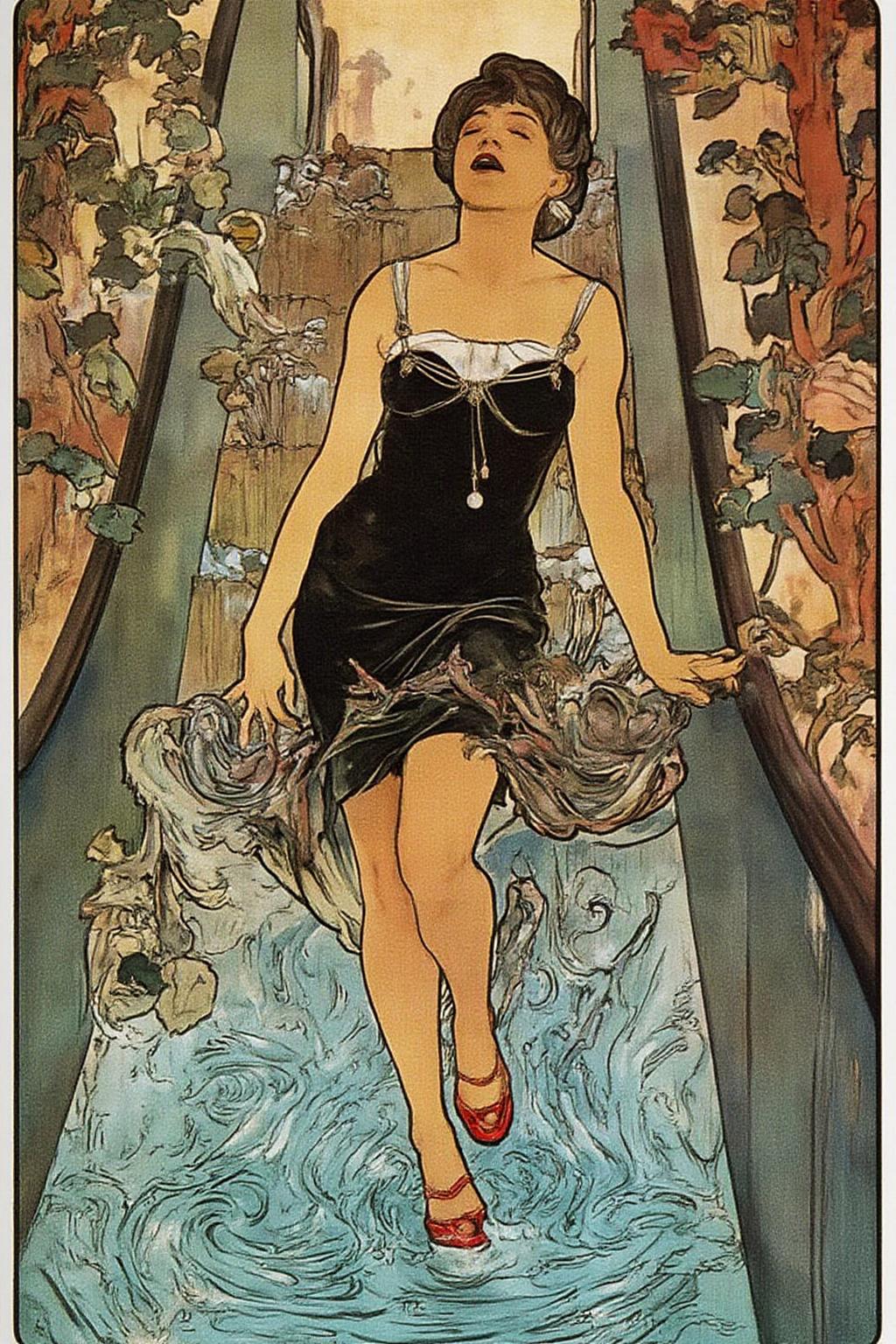 mucha1 illustration. a woman in a chic little black dress and vibrant red high heels, gracefully descending an escalator. She wears black lipstick and is screaming. Her attire exudes elegance and sophistication, with the red heels providing a bold pop of color against the classic black dress. The escalator itself, typically found in a mall or airport, leads downwards into an unexpected and dreamlike destinationâ -- pool of rippling water. The water is blue and ripples as the escalator's steps disappear beneath the surface. The woman's posture is poised and confident, as she seems unperturbed by the unusual surroundings. The overall atmosphere is a blend of high fashion and surreal fantasy, capturing a moment that is both elegant and otherworldly, <lora:mucha1_cap_d6a3e11:1.0><lora:822867291260658310:0>