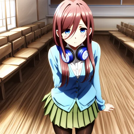 mikunakano,miku nakano, long hair, bangs, blue eyes, brown hair, shirt, hair between eyes, headphones, cardigan, headphones around neck, BREAK skirt, shirt, long sleeves, white shirt, pantyhose, pleated skirt, black pantyhose, cardigan, green skirt, blue cardigan, BREAK indoors, classroom, BREAK looking at viewer, BREAK ,(masterpiece:1.2), best quality, high resolution, unity 8k wallpaper, (illustration:0.8), (beautiful detailed eyes:1.6), extremely detailed face, perfect lighting, extremely detailed CG, (perfect hands, perfect anatomy),