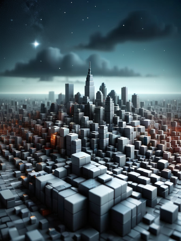 a city skyline made of ral-3dcubes, dark clouds, stars in the sky, tilt-shift photography <lora:ral-3dcubes:1>