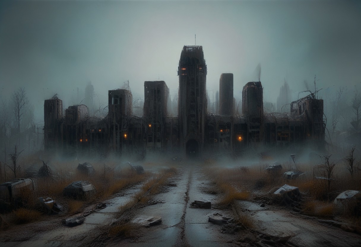cityscape, scenic, landscape, buildings, lights, chrome, retro, neon sign, broken robot parts, contrasting colors, rust.
1 man, A retro-futuristic hunter wearing a jetpack stands in a barren wasteland of decaying building, scratched chrome jetpack flickering with dim, pulsating lights. Carrying a glowing data core, its once-smooth casing cracked and etched with corrosion. The explorer’s faded jumpsuit flutters in the dry, toxic wind as the data core’s flickering circuits cast eerie, shifting light across their determined face and the crumbling ruins around them. Jed-Rst, Rusty, detailed, realistic, cinematic, (dvr-lnds-sdxl), evi@decrepPunk,