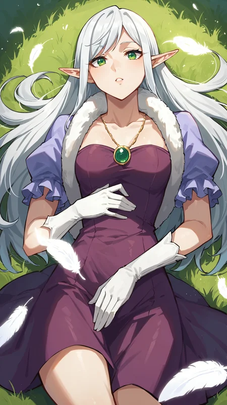 score_9,score_8_up,score_7_up,score_6_up, source_anime, zPDXL, <lora:xl_more_art-full_v1:0.5>, woman, dynamic pose, lying in the grass, facing forward, <lora:Elmesia El-Ru Sarion - Pony-000004:0.8>, long hair, white hair, green eyes, pointy ears, elf ears, fur collar, white gloves, necklace, purple dress, puffy sleeves, backlighting, angelic background, bright lighting, floating feathers,