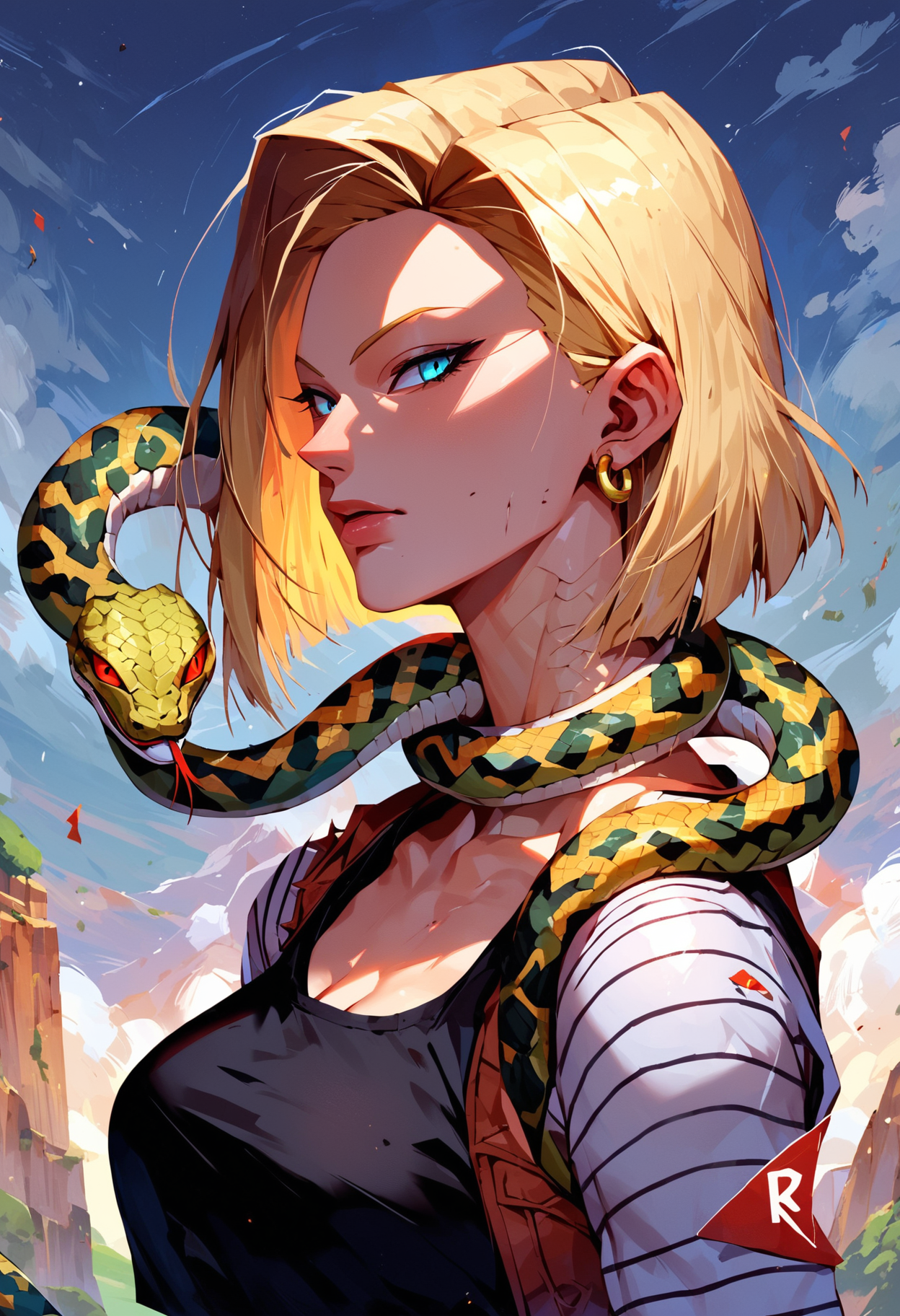 score_9, score_8_up, score_7_up, 
Android 18 (Dragonball Z), snake on shoulders, upper body, snake way,