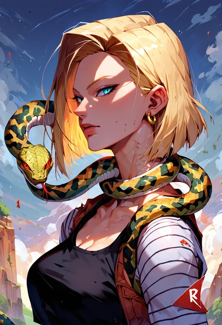 score_9, score_8_up, score_7_up, 
Android 18 (Dragonball Z), snake on shoulders, upper body, snake way,