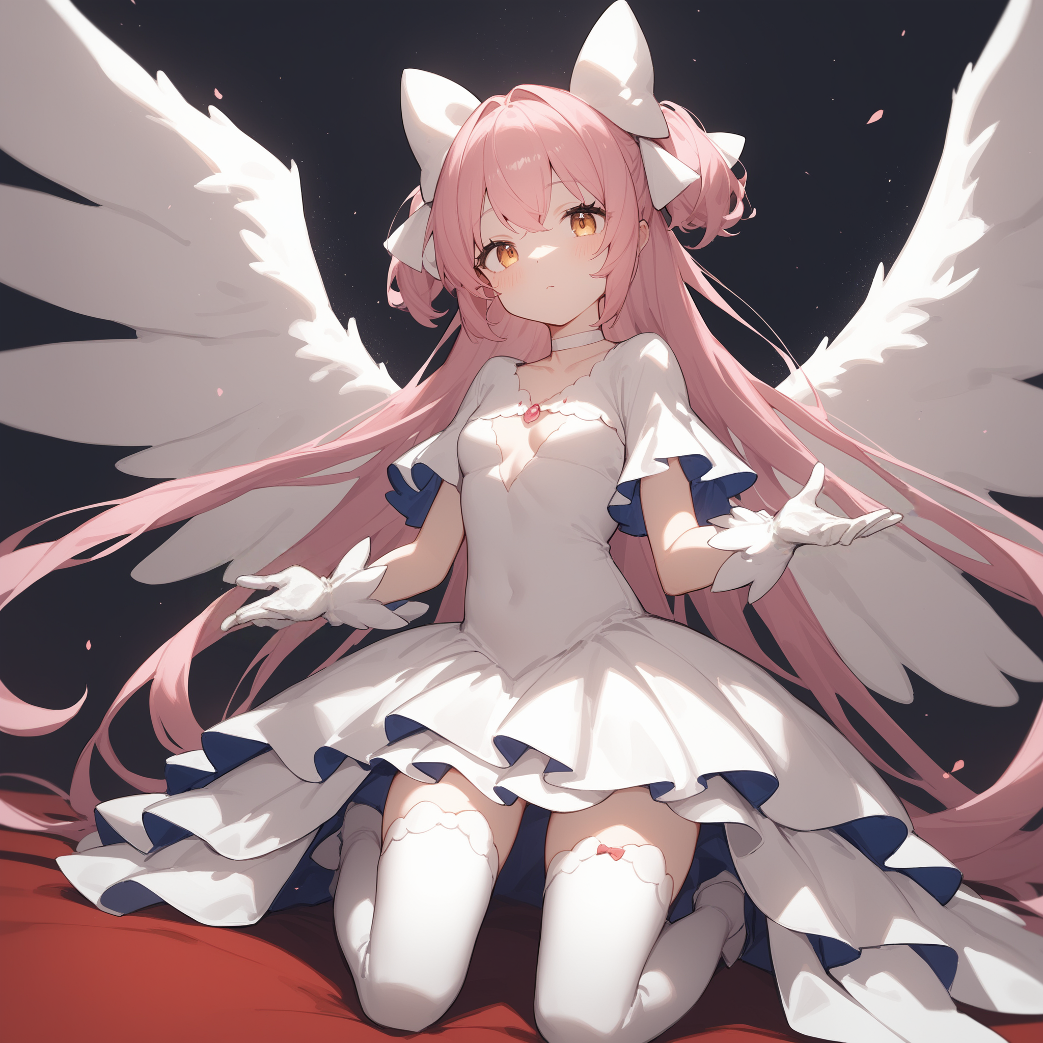 <lora:An25-001C-v1.11_UM-Tpony-000012:0.7>, 
score_9, score_8_up, score_7_up, score_6_up, score_5_up, score_4_up, source_anime, anime, suijin, traditional_media, 
., 
1girl, solo, an25_um1.1, cute, round face, square face, wings, 
dress, gloves, hair bow, thighhighs, choker, winged footwear, 
kneeling, wariza