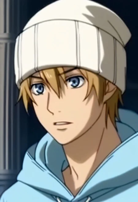 ((masterpiece)), ((best quality)), ((ultra-detailed)), ((absurdres)), score_9_up, score_8_up, score_7_up,
HD, top quality, best quality, amazing quality, High-quality illustrations, anime screencap, source_anime, best aesthetic, perfect proportions, perfect eyes, 1boy, 1male, solo boy, solo male, male focus, solo male focus, Anime, boy, male anime character, anime boy, handsome, cute, charming, Kazuma Mikura, blonde hair, blue eyes, beanie, hooded shirt, short sleeves, black pants, ((slim body, slender body, lean body)), ((tall height, tall body)), easynegative, updn, Expressiveh, masterpiece, best quality, very aesthetic, absurdres
