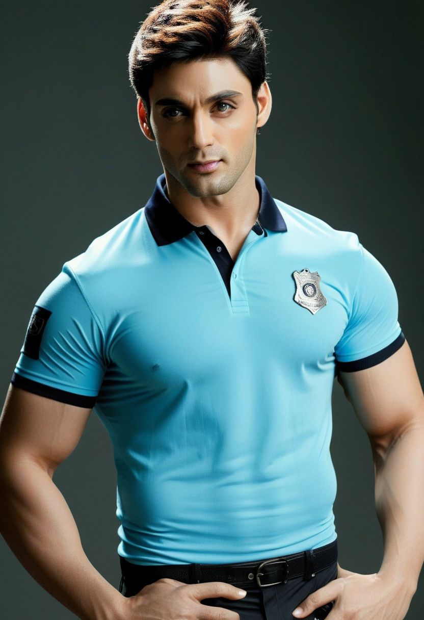 Ultra-detail, (highres:1.1), best quality, (masterpiece:1.3), Fabien Frankel a man <lora:Ruslaan-Mumtaz_Fabien-Frankel:1>, skinny muscled, modern haircut, dynamic posture, ((wearing police polo shirt)), dramatic angle, full-body from above looking away,