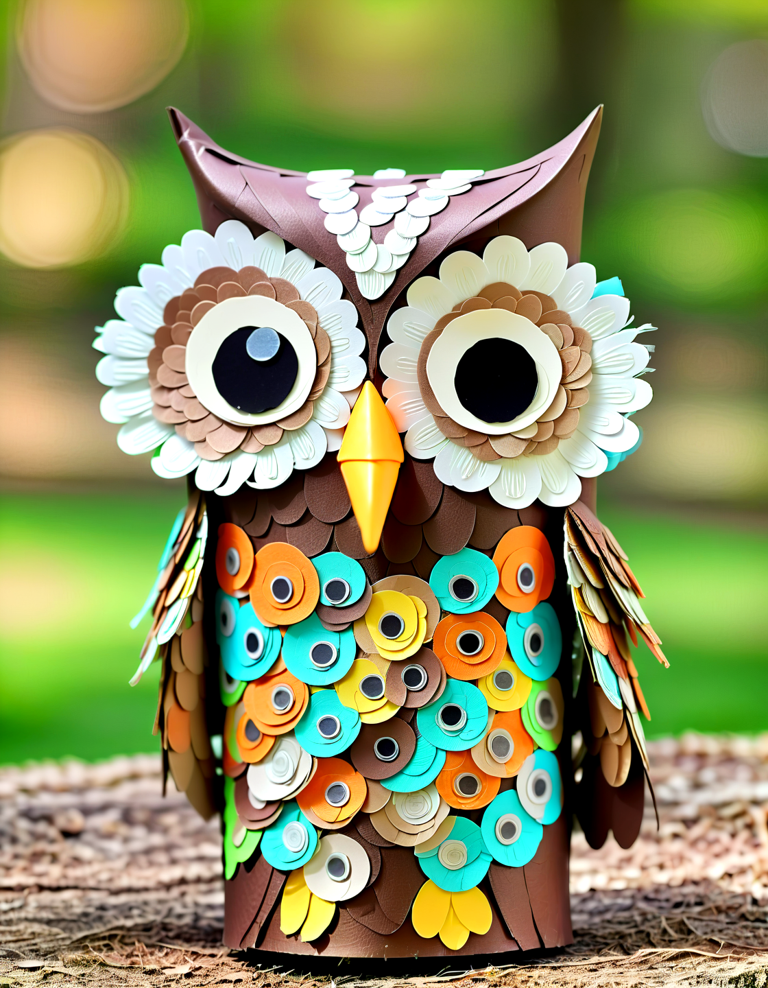 Macro Photography a owl made of toilete paper roll, tprc style, at a park, clorfull, masterpice, 8k,,, Macro Photography, often for close-up views, small subjects, or detailed examination.