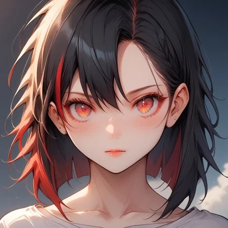 (score_9), (score_8_up), (score_7_up), (score_6_up), (score_5_up), (score_4_up), (Full Body view)+++, HD, Anime, 10k Res, Gritty, noir, source_anime+, Bright, (Perfect Cell Shading), (source_anime)+ (masterpiece)+, best quality, (Expressive eyes, Perfect eyes), (Perfect face)+++, (censor). Generate an image of N﷿X. 1girl, solo, red_eyes, (black hair)++, collarbone, long_hair, small breasts, port town background, long_sleeves, bare_shoulders, bangs, cowboy_shot, closed_mouth, holding, standing, arms_at_side, red inner hair, two-tone_hair, colored_inner_hair, small eyes, detail1eye, nose