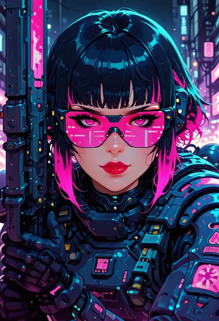 in the style of cksc, in the style of cknc, in the style of ck-rw, artist:moriimee, masterpiece, best quality, good quality, very aesthetic, absurdres, newest, 8K, depth of field, focused subject,
 close up, stylized, in black and neon shades, no helmet, dark eyeshadow, red lips, long flowing pink bioluminescent hair, bangs, asian female sci-fi soldier, in battle ready stance, holding weapons, outdoors