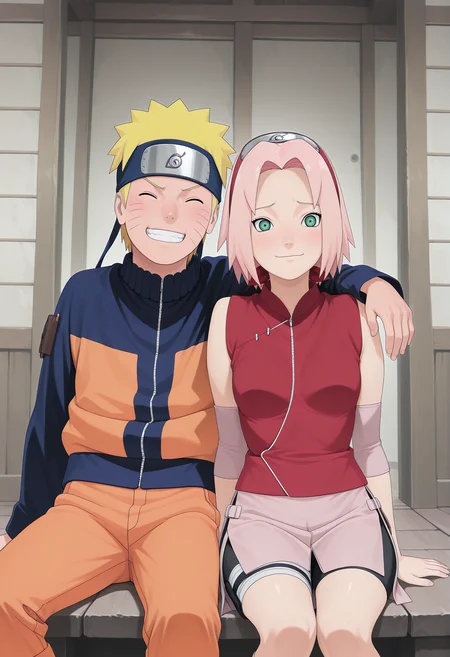 amazing quality,very aesthetic,absurdres,best quality,newest,masterpiece,4k resolution, absurdres, highres, detailed background,
<lora:shoulder-to-shoulder:0.8> shoulder-to-shoulder, arm around the shoulder <lora:HarunoSakuraIl2:0.7> 1girl, haruno sakura, green eyes, big eyes, 1boy, uzumaki naruto, sitting, looking at viewer, kishimoto masashi, anime coloring, thick outlines, outdoors, closed eyes,