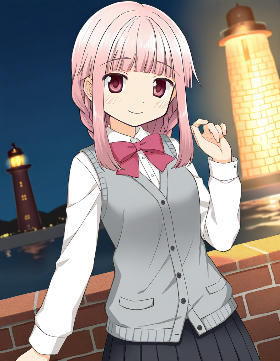 masterpiece, best quality, newest, absurdres, highres, safe, 1girl, tamaki iroha \(casual costume\), magia record: mahou shoujo madoka magica gaiden, white sleeves, solo, smile, hand up, looking at viewer, lighthouse, dutch angle, <lora:20241229074809_tamaki_iroha_noobaiXLNAIXL_vPred10Version:0.7>
