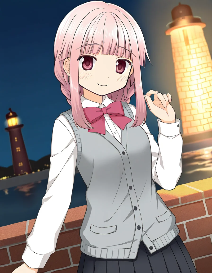 masterpiece, best quality, newest, absurdres, highres, safe, 1girl, tamaki iroha \(casual costume\), magia record: mahou shoujo madoka magica gaiden, white sleeves, solo, smile, hand up, looking at viewer, lighthouse, dutch angle, <lora:20241229074809_tamaki_iroha_noobaiXLNAIXL_vPred10Version:0.7>