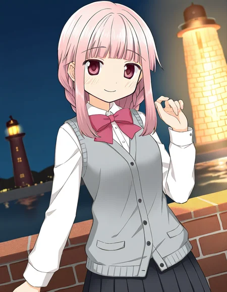 masterpiece, best quality, newest, absurdres, highres, safe, 1girl, tamaki iroha \(casual costume\), magia record: mahou shoujo madoka magica gaiden, white sleeves, solo, smile, hand up, looking at viewer, lighthouse, dutch angle, <lora:20241229074809_tamaki_iroha_noobaiXLNAIXL_vPred10Version:0.7>