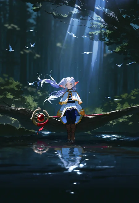 artist:[quasarcake|diyokama|fuzichoco|yoneyama mai|lam \(ramdayo\)|lifeline \(a384079959\)],
1girl, frieren, solo, green eyes, staff, outdoors, elf, tree, long hair, white capelet, twintails, pointy ears, pantyhose, colored eyelashes, looking at viewer, lake, water, wet, floating hair, bird, nature, scenery,
tree shade, dappled sunlight, sitting in the dark shade of a tree, dark, high contrast, light beam,
close-up,
masterpiece, best quality, very awa, absurdres,
<lora:noobai_vpred_1_aesthetic_quality_modifiers_complete_v2:1>