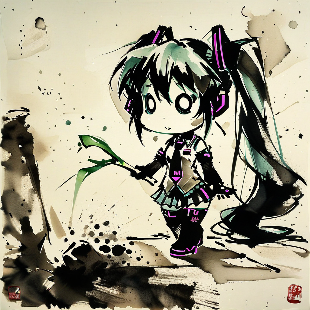 <lora:ink-style_A3.1_XL:1>,(ink-style,ink_wash_painting), (masterpiece),(best quality), 1girl, solo, hatsune miku, long hair, twintails, spring onion, chibi, necktie, aqua hair, detached sleeves, thighhighs, skirt, very long hair, o_o