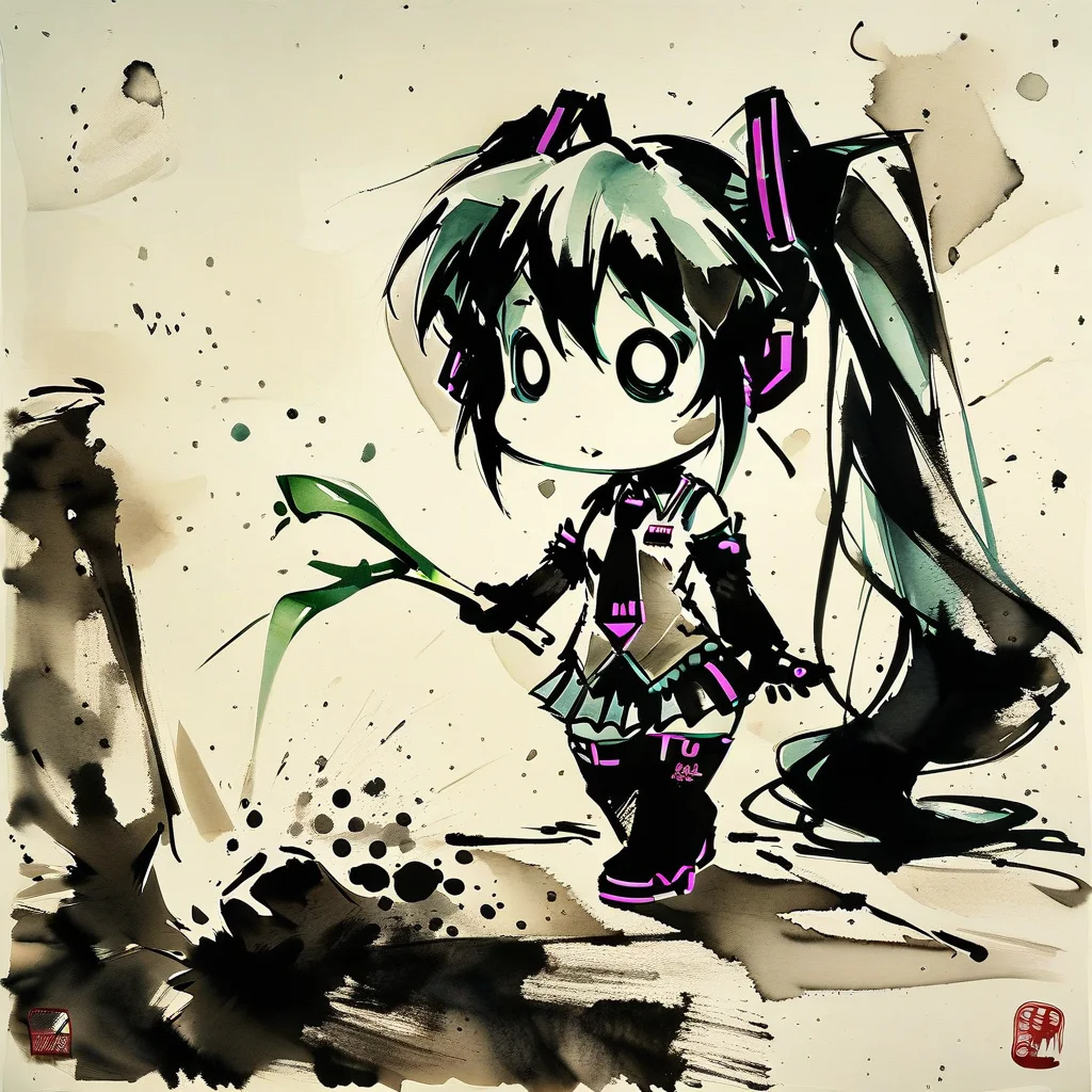 <lora:ink-style_A3.1_XL:1>,(ink-style,ink_wash_painting), (masterpiece),(best quality), 1girl, solo, hatsune miku, long hair, twintails, spring onion, chibi, necktie, aqua hair, detached sleeves, thighhighs, skirt, very long hair, o_o