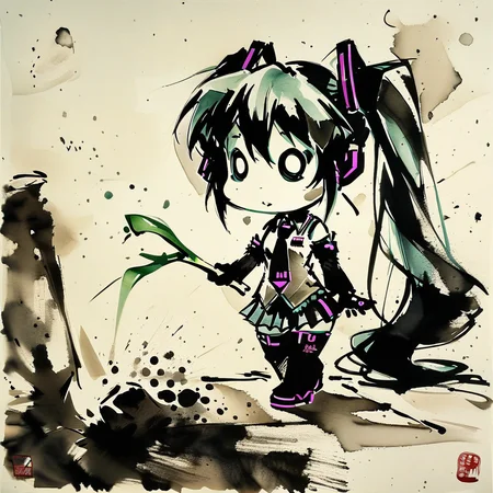 <lora:ink-style_A3.1_XL:1>,(ink-style,ink_wash_painting), (masterpiece),(best quality), 1girl, solo, hatsune miku, long hair, twintails, spring onion, chibi, necktie, aqua hair, detached sleeves, thighhighs, skirt, very long hair, o_o