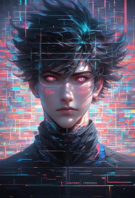 handsome glowing cyber digital man forming by a blend of reality and virtual code in the cyberspace, data and chaos, diffusion light, equations, geometric, fractal, white lighting, light art, unsplash, trending on artstation, anamorphic film, DMT-like experience, Psychedelic, neon Visionary art, DMT, LSD, surreal high details streams of matrix style code on the background abstract dark russ mills goth, photorealistic high details cyber<lora:CyberMatriKs:1>, dynamic angler view