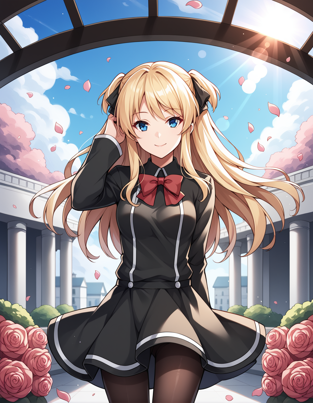 score_9, score_8_up, score_7_up, score_6_up, score_5_up, score_4_up, source_anime, rating_safe, BREAK <lora:shalonXL_LoRA-C3Lier_AdamW_Dim16_Alpha16_UN-3e-4_TE-1.5e-4_8batch_ponyDiffusionV6XL_v6StartWithThisOne:1>, sharon, 1girl, blonde hair, short twintails, two side up, long hair, blue eyes, small breasts, ribbon, hair ribbon, red bowtie, black shirt, collared shirt, long sleeves, black skirt, black pantyhose, smile, happy, looking at viewer, hand in own hair, wind, floating hair, mansion, rose, garden, petals, blue sky, cloud, sunlight, lens flare
