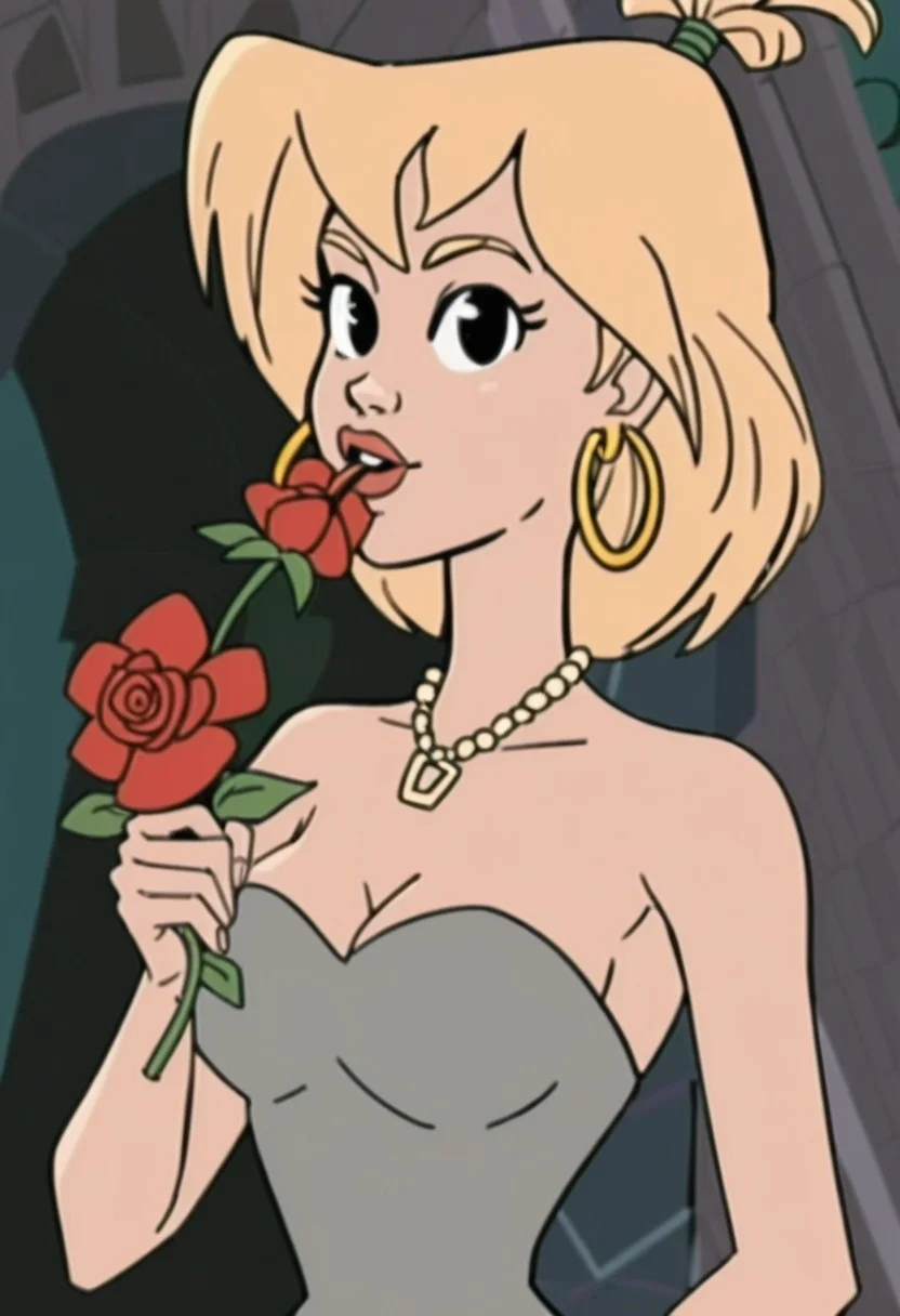 woman, tiffany, kangoo,1girl, jewelry, flower, solo, earrings, blonde hair, dress, necklace, breasts, rose, flower in mouth, red flower, looking at viewer, strapless dress, holding, strapless, upper body, grey dress, petals, medium hair, red rose, mouth hold, holding flower, medium breasts, bare shoulders, black eyes