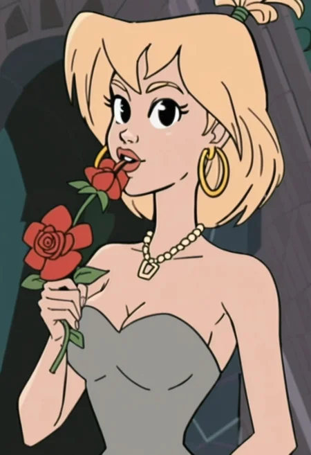 woman, tiffany, kangoo,1girl, jewelry, flower, solo, earrings, blonde hair, dress, necklace, breasts, rose, flower in mouth, red flower, looking at viewer, strapless dress, holding, strapless, upper body, grey dress, petals, medium hair, red rose, mouth hold, holding flower, medium breasts, bare shoulders, black eyes