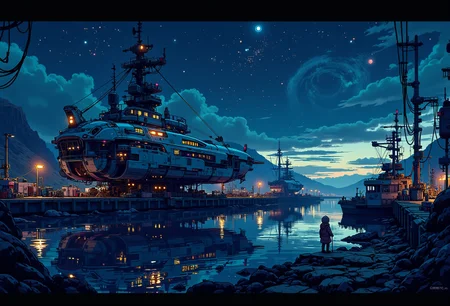 <lora:ck-nc-pastel-cyberpunk:1.0> A digital artwork in the style of cknc, a spacecraft in the docks, scenery is a starry night