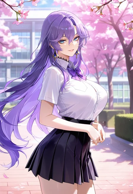 masterpiece, best quality, amazing quality,cantarella, blue eyes, purple hair, hair between eyes, purple under eye one facial mark,1girl, long hair, breasts, solo, large breasts,school uniform,pleated skirt,white shirt, black skirt, purple bow,short sleeves, parted lips, light smile, standing, looking at viewer, cowboy shot, blurry background, outdoors, school, cherry blossoms <lora:cantarellaV1:0.8>