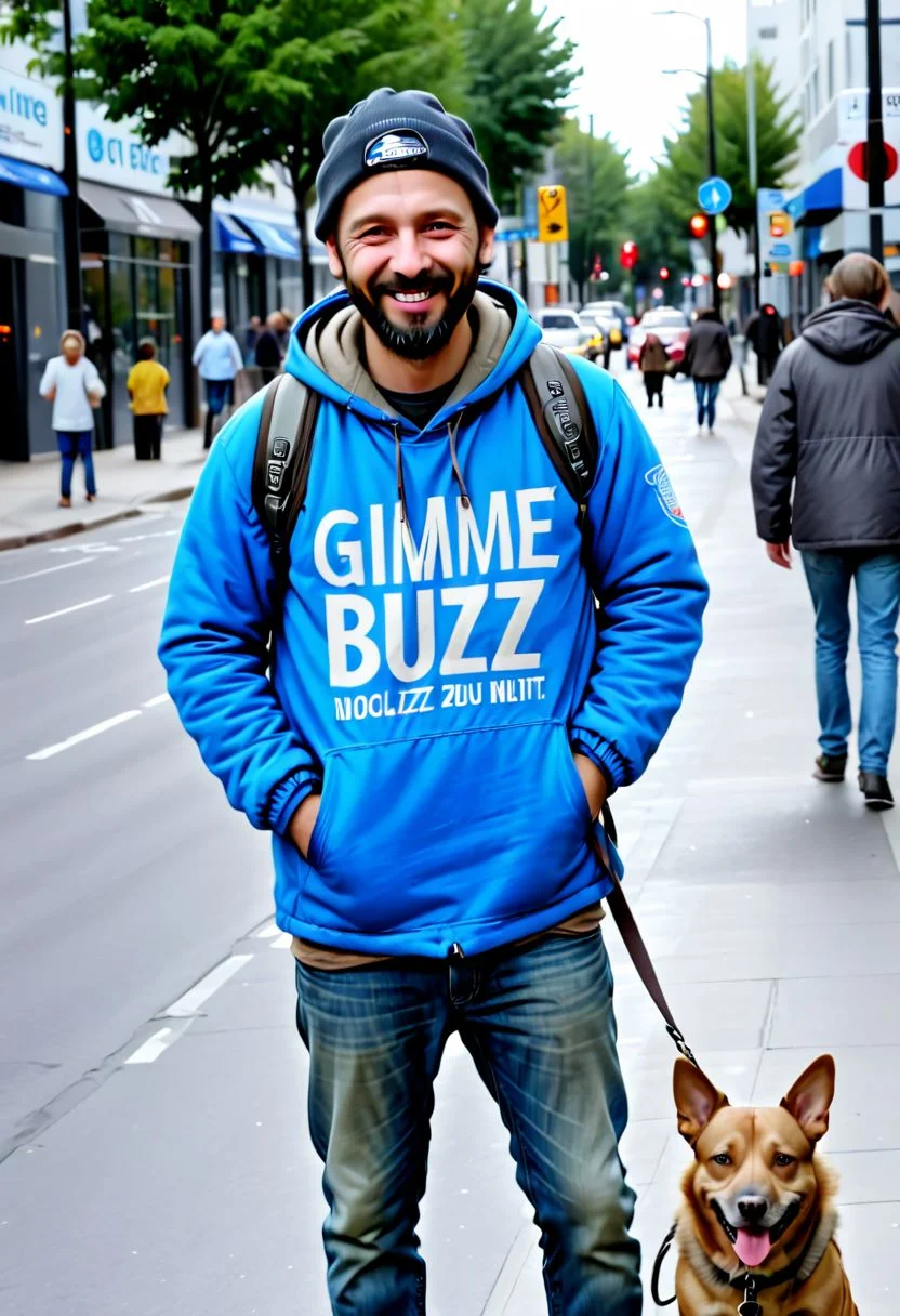 Homeless guy standing on the street, with his dog in leash ( wearing a sign, with the words written: (( Gimme BUZZ )) in it, with a frown smile on his face, High quality, realistic, 8K, UHD