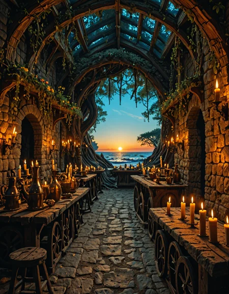 <lora:MW_Tavern01ill:1> mwt01, medieval tavern, outdoors, medieval, candles lights, skylight, lots of sun shades, huge roots, colorful flowers, moss, T10, waves, rocks, tree, vegetation, moss, sea, sunset, blue, orange, yellow, brown, T1, white, dark blue, fantasy, sunset, blue sky, bokeh, sunlight, gold, T7,