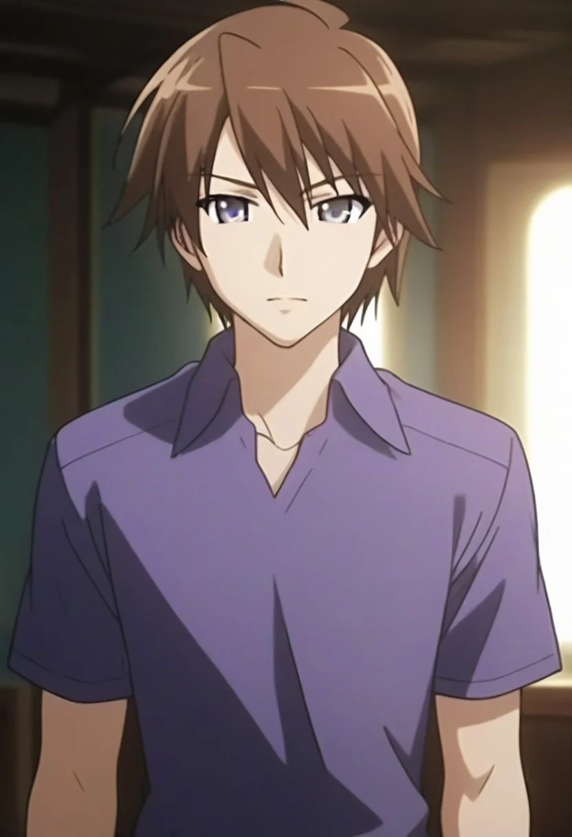 ((masterpiece)), ((best quality)), ((ultra-detailed)), ((absurdres)), score_9_up, score_8_up, score_7_up,
HD, top quality, best quality, amazing quality, High-quality illustrations, anime screencap, source_anime, best aesthetic, perfect proportions, perfect eyes, 1boy, 1male, solo boy, solo male, male focus, solo male focus, Anime, boy, male anime character, anime boy, handsome, cute, charming, Keisaku Satou, brown hair, purple-blue eyes, purple shirt, short sleeves, wristwatch, ((cowboy shot, head to hips shot)), ((facing front, front view)), easynegative, updn, Expressiveh, masterpiece, best quality, very aesthetic, absurdres