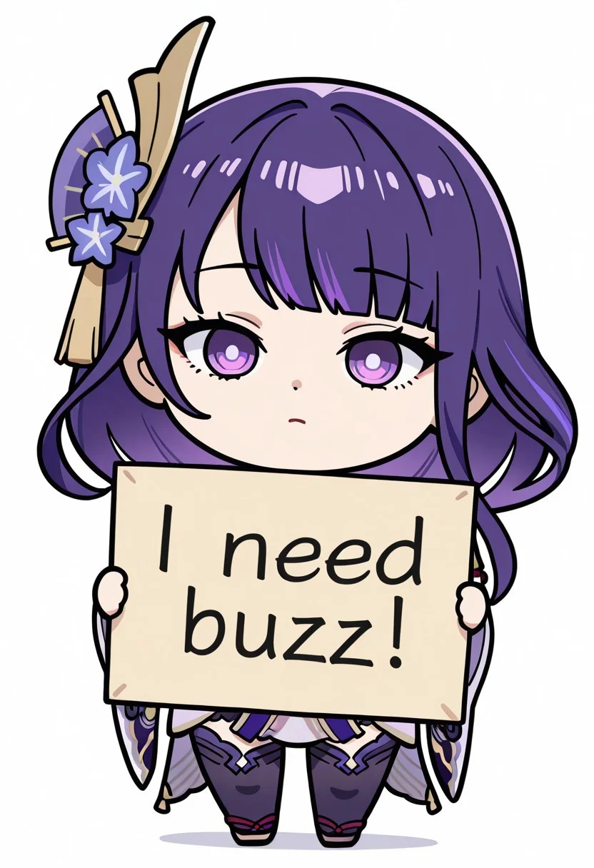 masterpiece, need_buzz, holding sign, sousou no frieren, Raiden_Shogun, chibi,chibi style, 
1girl, solo, white background, full body,