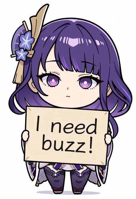 masterpiece, need_buzz, holding sign, sousou no frieren, Raiden_Shogun, chibi,chibi style, 
1girl, solo, white background, full body,