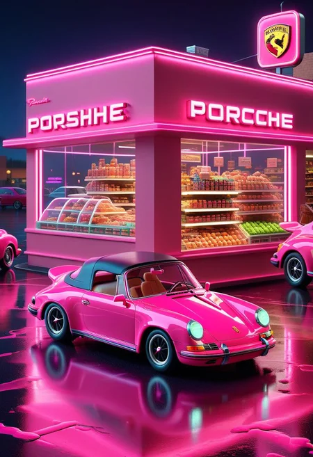 ispzxll, diorama, isometric, miniature, volumetric lighting style, intricate details, neon pink porsche convertible car, wet pavement, grocery store parking lot, crowds of people, neon signs, reflective surfaces, glossy, 8k