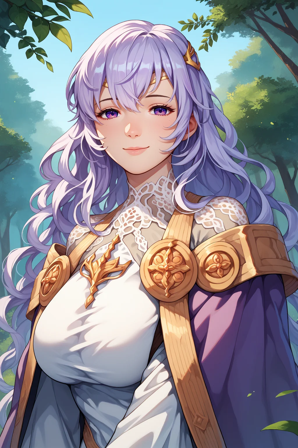 score_9, score_8_up, score_7_up, score_6_up, source_anime, 1girl, solo, <lora:fedeirdre-pdxl-nvwls-v1-000006:1> defdrd, wavy hair, white hair, long hair, purple eyes, circlet, purple cape, white dress, off-shoulder dress, wide sleeves, long dress, big breasts, blue sky, forest, looking at you, smile, upper body, portrait
