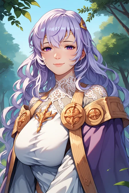 score_9, score_8_up, score_7_up, score_6_up, source_anime, 1girl, solo, <lora:fedeirdre-pdxl-nvwls-v1-000006:1> defdrd, wavy hair, white hair, long hair, purple eyes, circlet, purple cape, white dress, off-shoulder dress, wide sleeves, long dress, big breasts, blue sky, forest, looking at you, smile, upper body, portrait