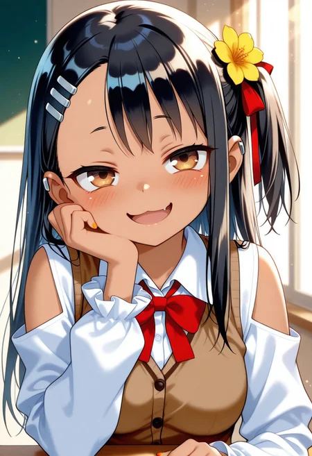 masterpiece, cute, lovely, (best quality:1.3), (amazing quality:1.3) ,very aesthetic, 1girl, solo, blush, (medium breasts:1.2), face satisfied, high gradient eyes, Nagatoro_Hayase_Style, black_hair, brown_eyes, bangs, long_hair, hairclip, hair_ornament, straight_hair, very cute, light particles, cute details, cute colors, naughty face, smug, BREAK, blush, brown vest, clothing cutout, flower, frilled sleeves, frills, hair ornament, hair ribbon, hand on own cheek, hand on own face, head rest, looking at viewer, neck ribbon, one side up, open mouth, red ribbon, ribbon, shirt, shoulder cutout, sunlight, upper body, vest, white shirt, yellow flower, bow, hair flower, jacket, smile, collared shirt, long sleeves, red bow, white jacket,:d, orange nails, frilled collar, eighth rest, hand on own chin