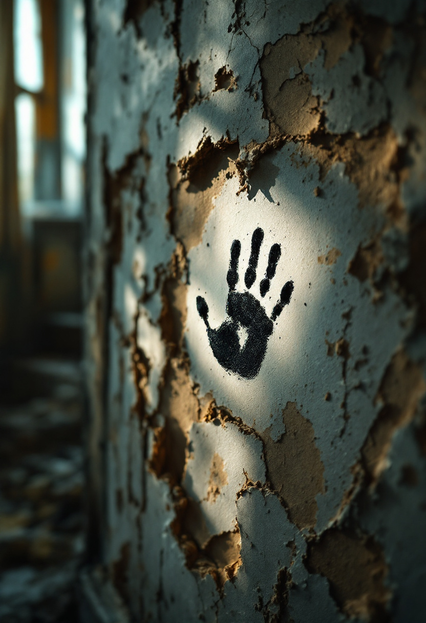A haunting close-up of a small, dusty handprint on a crumbling wall, its delicate fingers etched in grime against peeling, faded wallpaper. Shafts of golden sunlight pierce through broken windows, illuminating motes of dust that dance in the air, casting long shadows across the decaying interior of an abandoned Victorian house. The handprint, a poignant remnant of forgotten childhood, stands out in sharp focus against the blurred background of weathered floorboards and tattered curtains. Muted colors dominate the scene, with touches of sepia and desaturated blues evoking a sense of nostalgia and loss. Textures of rust, decay, and neglect are emphasized, creating a tactile quality that draws the viewer into the melancholic atmosphere. The composition follows the rule of thirds, with the handprint positioned off-center for visual interest, while leading lines formed by cracks in the wall guide the eye through the image. Soft, diffused lighting enhances the ethereal mood, reminiscent of the evocative style of Gregory Crewdson's cinematic scenes, combined with the textural intricacy of Andrew Wyeth's weathered interiors and the emotional resonance of Edward Hopper's lonely spaces.