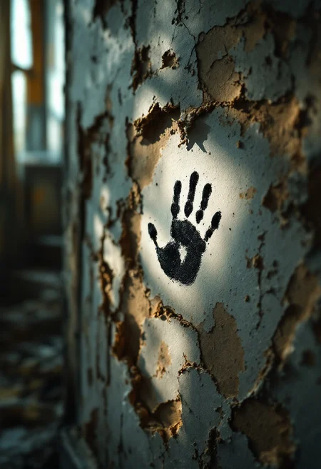 A haunting close-up of a small, dusty handprint on a crumbling wall, its delicate fingers etched in grime against peeling, faded wallpaper. Shafts of golden sunlight pierce through broken windows, illuminating motes of dust that dance in the air, casting long shadows across the decaying interior of an abandoned Victorian house. The handprint, a poignant remnant of forgotten childhood, stands out in sharp focus against the blurred background of weathered floorboards and tattered curtains. Muted colors dominate the scene, with touches of sepia and desaturated blues evoking a sense of nostalgia and loss. Textures of rust, decay, and neglect are emphasized, creating a tactile quality that draws the viewer into the melancholic atmosphere. The composition follows the rule of thirds, with the handprint positioned off-center for visual interest, while leading lines formed by cracks in the wall guide the eye through the image. Soft, diffused lighting enhances the ethereal mood, reminiscent of the evocative style of Gregory Crewdson's cinematic scenes, combined with the textural intricacy of Andrew Wyeth's weathered interiors and the emotional resonance of Edward Hopper's lonely spaces.