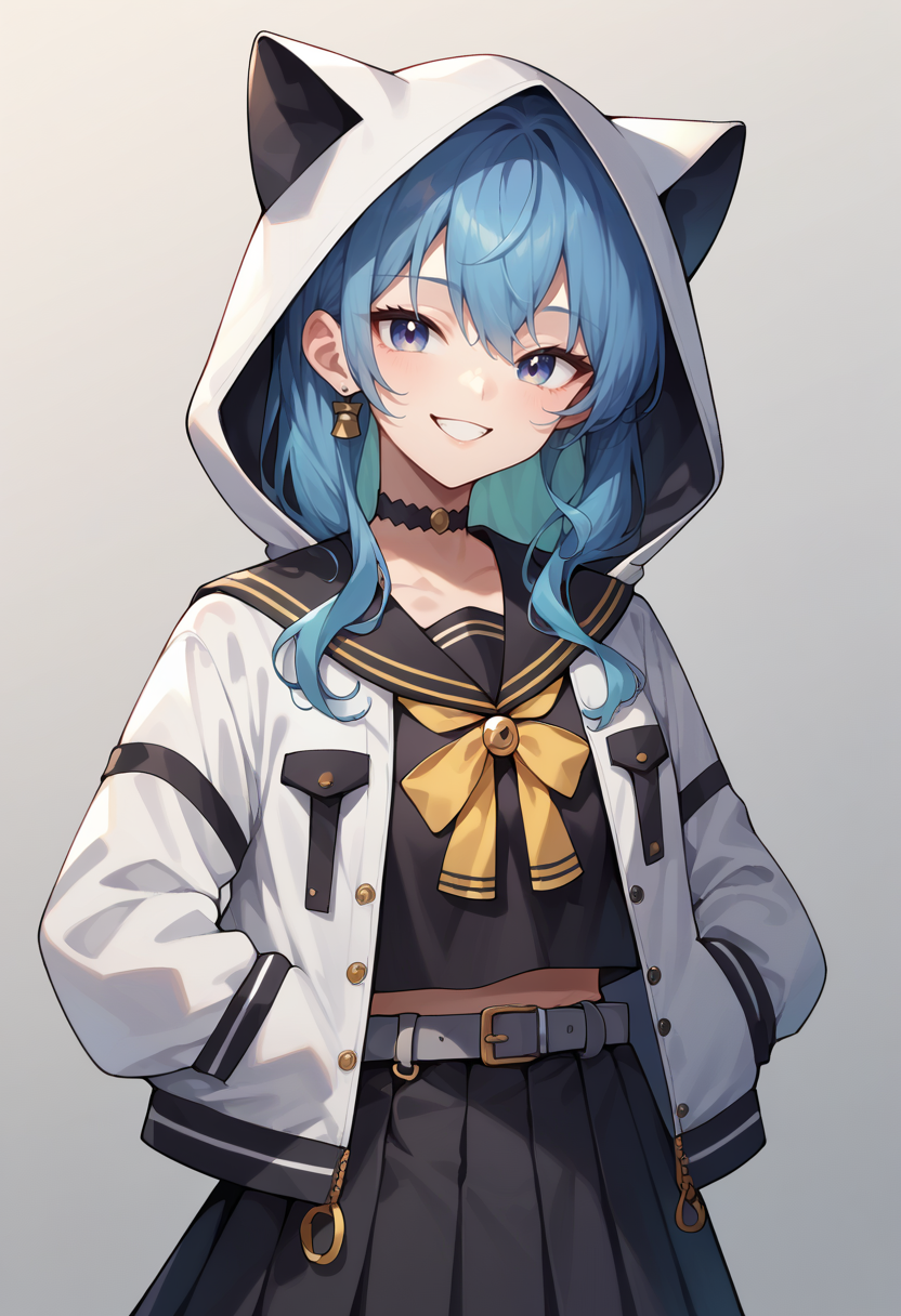 score_9, score_8_up, score_7_up, SuiseiSchool, long hair, black serafuku, black shirt, black choker, yellow bowtie, grey belt, black skirt, white jacket, hood up, cat hood, open jacket, smile, simple background, <lora:CHAR-HoshimachiSuiseiPonyXL:1>