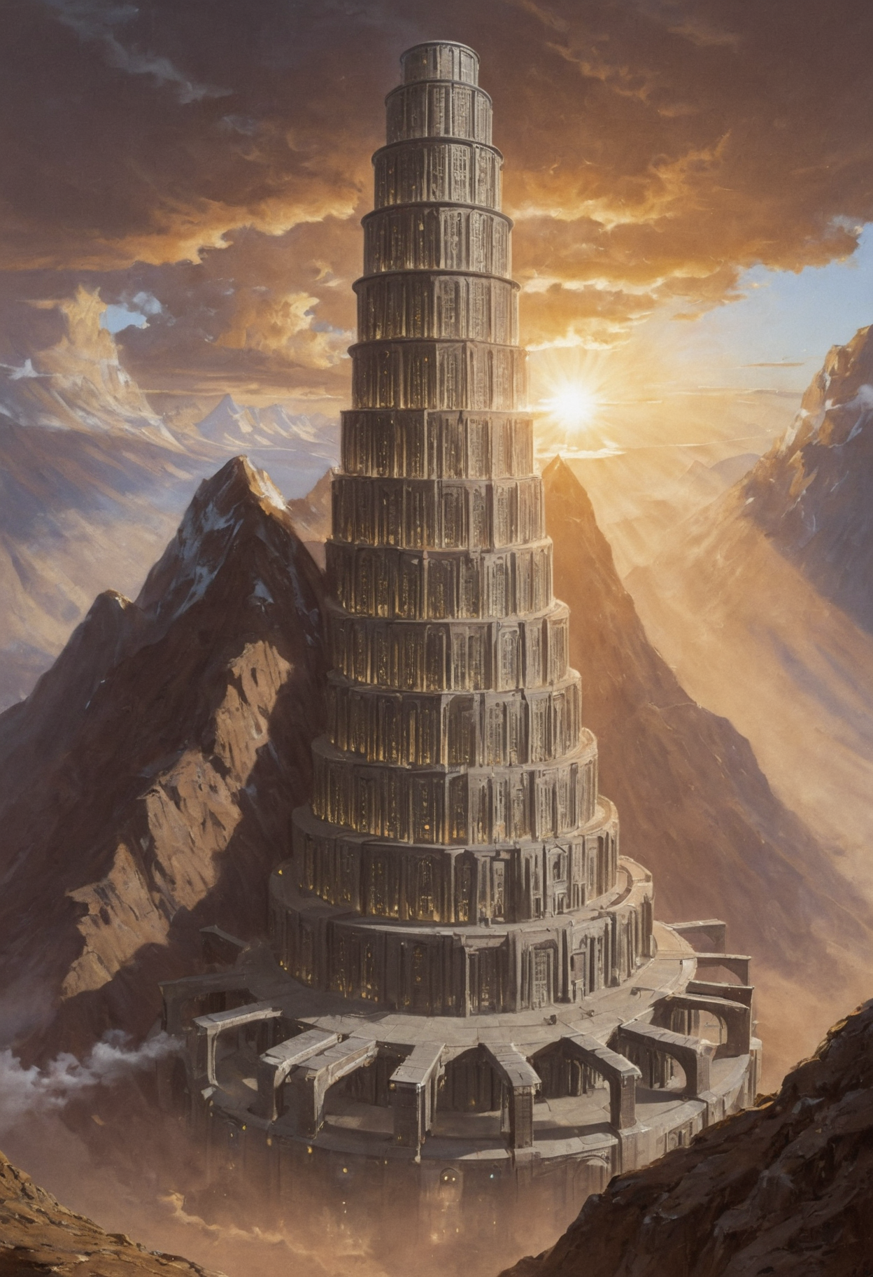 urithiru, tower city, sun, see of clouds, circle platforms, light emanating from windows, day, mountain, <lora:Urithiru:0.6>