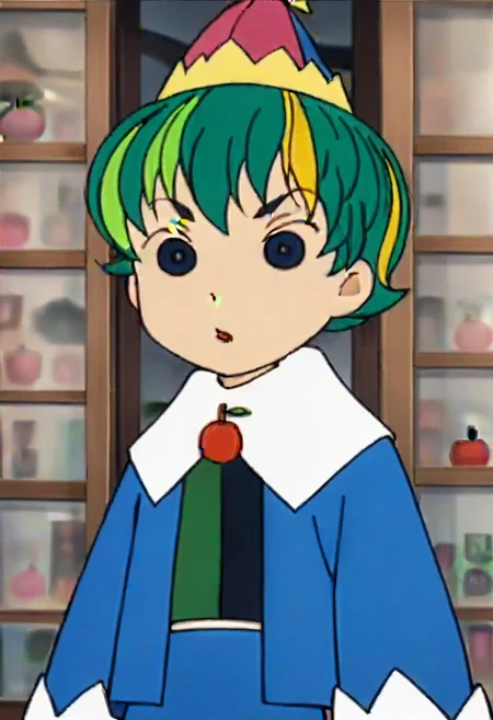 hat, green hair, multicolored hair, long sleeves, short hair, cherry, fruit, 1girl, blonde hair, black eyes,,,,,,,,,,, ,,,,,anime coloring,anime screencap, 1girl,Solo ,, anime,,,,official art, Uncensored ,Unedited ,,,,, ,,,,,,