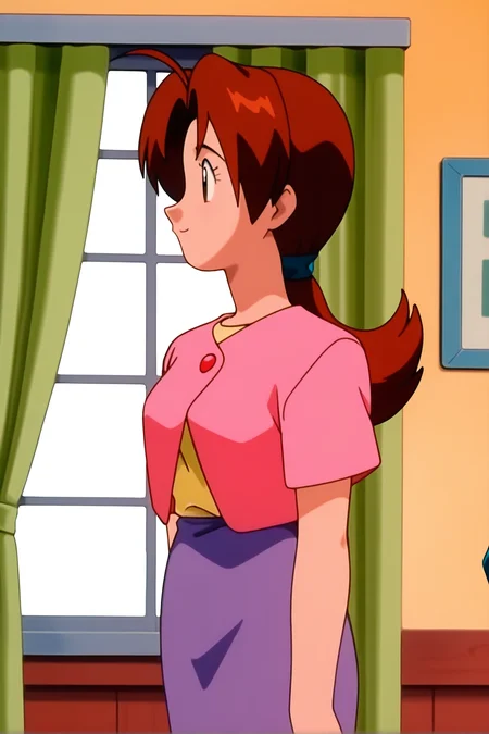 retro artstyle, 1990s \(style\), pokemon \(classic anime\), deliaca, 1girl, solo, long hair, smile, skirt, brown hair, standing, ahoge, ponytail, short sleeves, indoors, window, profile, curtains, purple skirt, shirt, closed mouth, solo focus, from side, blue skirt, buttons, pencil skirt, pink shirt, out of frame, mature female, delia ketchum
<lora:Delia_Ketchump_Classic_Anime:1>