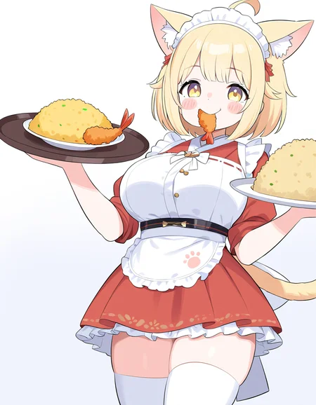 1girl,
solo, looking at viewer, cowboy shot, white background, style parody, parody, shrimp, fried rice prank \(meme\), holding, yellow eyes, food in mouth, sakuramon, cat tail, simple background, cat ears, tail, cat girl, blonde hair, official alternate costume, ahoge, thighhighs, thighs, holding tray, animal ears, animal ear fluff, white thighhighs, apron, shrimp tempura, red skirt, food, maid headdress, skirt, tray, blush stickers, white apron, meme, short hair, waist apron, virtual youtuber,
masterpiece, best quality, very aesthetic, newest, absurdres, incredibly absurdres
<lora:lunchcustom-000028:1>