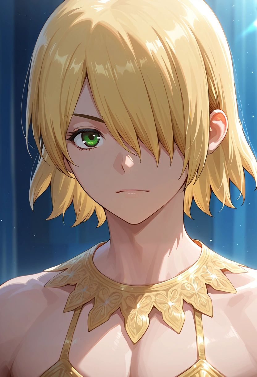 masterpiece, best quality, intricate details, (realistic:0.6),, 1boy, solo, male focus, <lora:ginrou_dr_stone_ilxl:1>, ginrou_dr_stone, blonde hair, green eyes, short hair, hair over one eye, , , carnival costume
