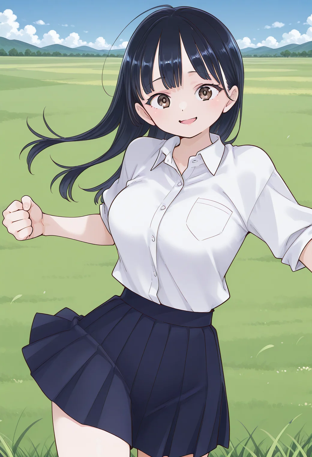 yamada_anna, brown eyes, black hair, long hair, school uniform, white shirt, collared shirt, pleated skirt, blue skirt, <lora:yamada_anna_illustrious_ver1:0.8>
smile, open mouth, cowboy shot,, masterpiece, best quality, sensitive,, 1girl, solo, blue sky, (grasslands:1.2), looking at viewer,, (dynamic pose:1.4), (upside-down:-1),